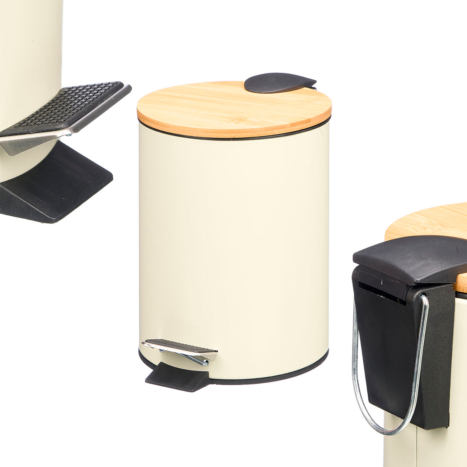 Cestino per rifiuti beige in metallo con coperchio in bambù e pedale di apertura. 3L.