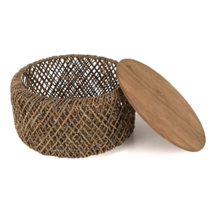 SIXTINE - Table basse ronde diam70 rotin, plateau bois teck recyclé