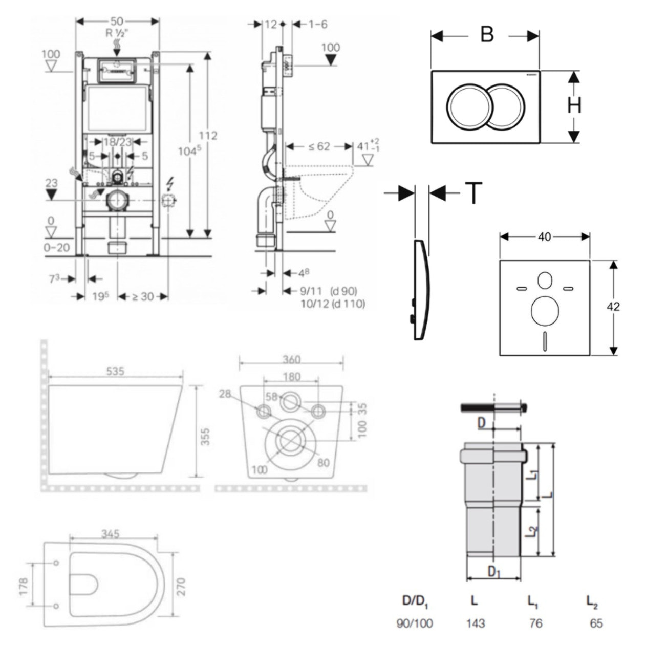 Pack WC bâti-support Duofix 112cm + WC sans bride + abattant SoftClose + set d'isolation + plaque blanche (CETORGEB3SET)