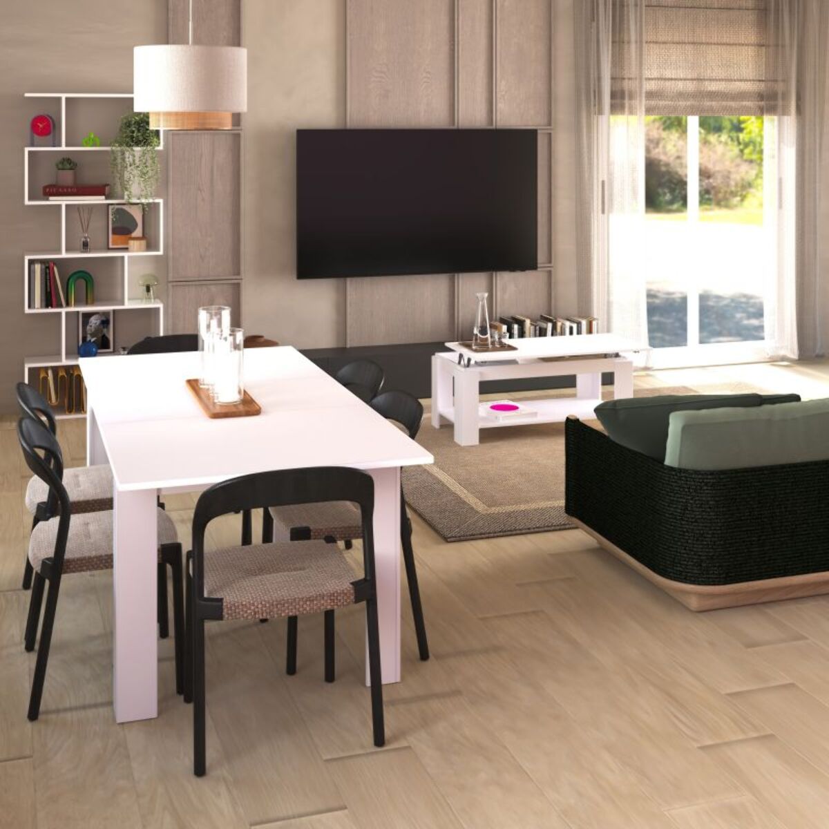 Pack mesa de comedor 140 y mesa de centro Lya Blanco Artik (Blanco Mate)