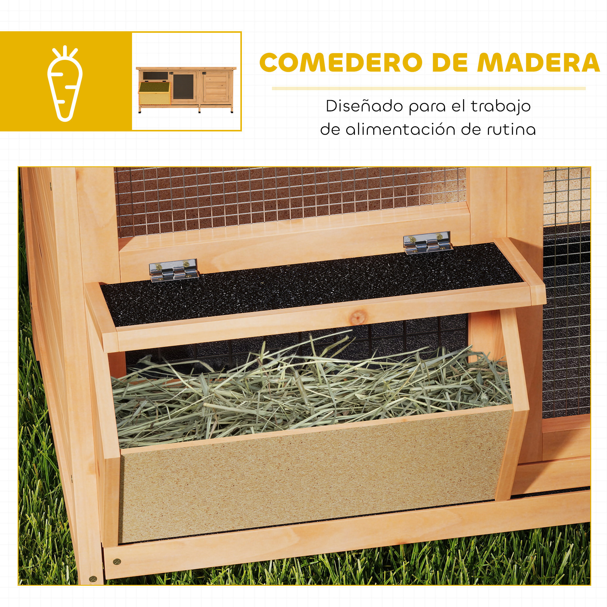 Conejera de Madera, Jaula para Conejos con Techo Asfáltico Abatible, Puertas con Pestillo, Bandejas Extraíbles y Comedero, Conejera para Exterior, 112x50x54 cm, Amarillo