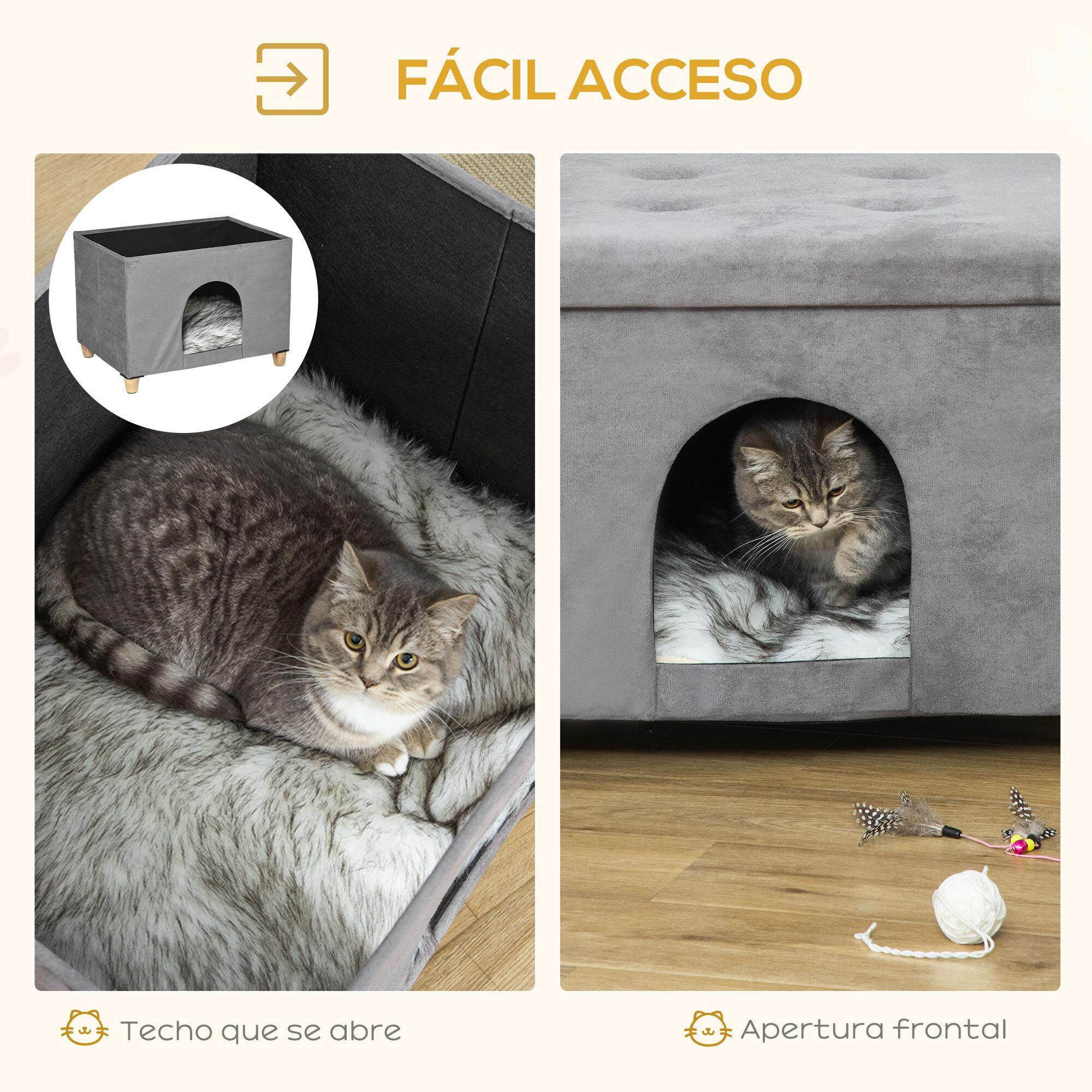 Cueva para Gatos 2 en 1 Taburete Reposapiés con Tapa Extraíble Orificio de Entrada Cojín Lavable y Patas Elevadas de Madera para Interior 60x45x44,5 cm Gris