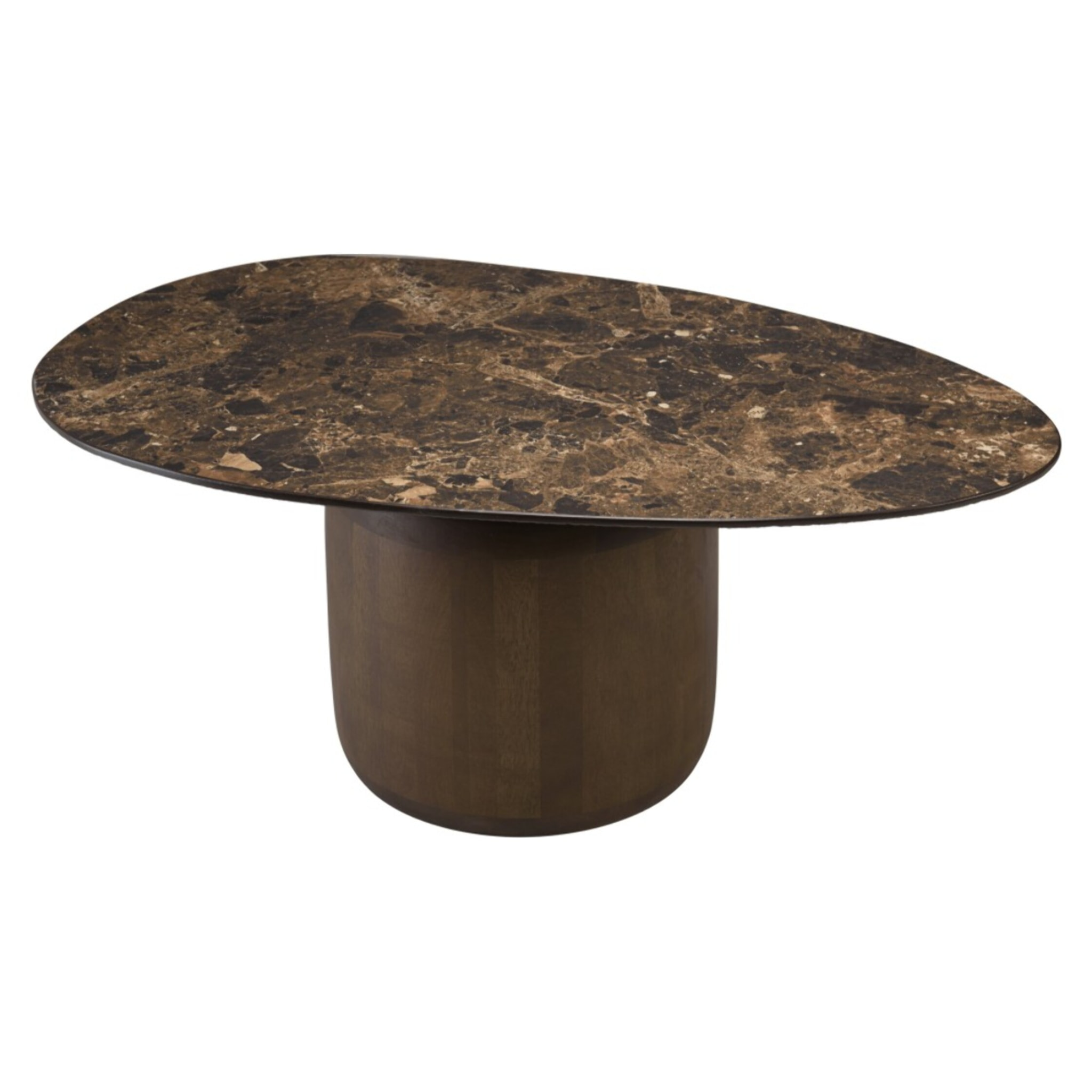 JAMES - Table basse ovoïde plateau céramique marron pied en manguier