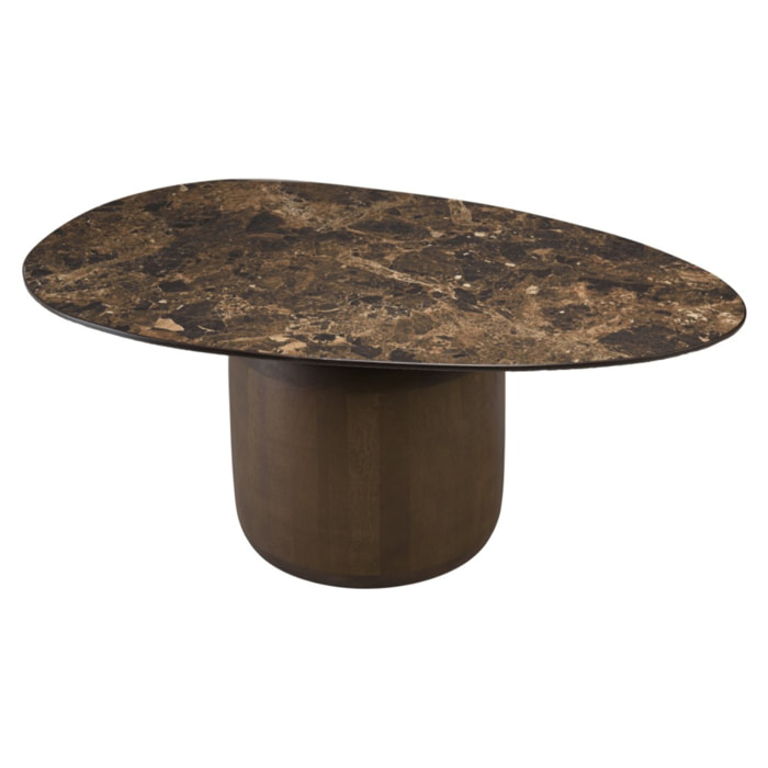 JAMES - Table basse ovoïde plateau céramique marron pied en manguier
