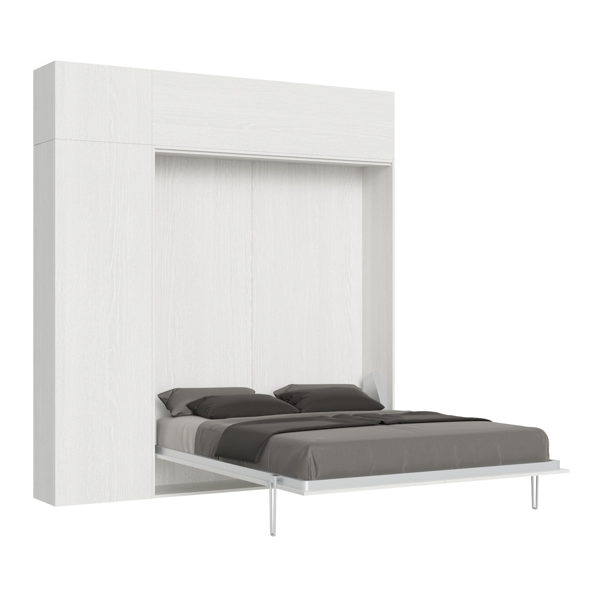 Armoire Lit escamotable vertical double 160 KENTARO Frêne Blanc avec colonne de rangement et deux éléments hauts