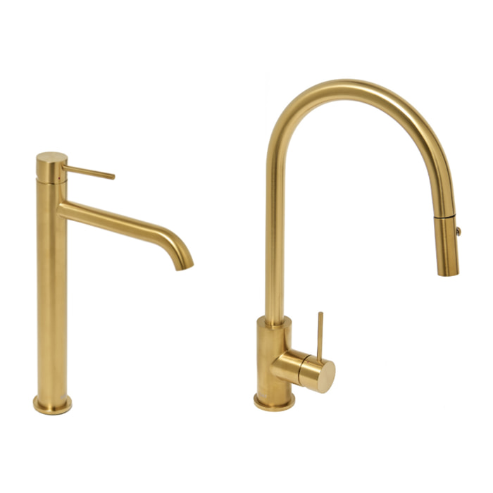 Aurum set mitigeur lavabo haut en acier inoxydable + mitigeur cuisine avec douchette extractible, or brossé (SATBA286BG)