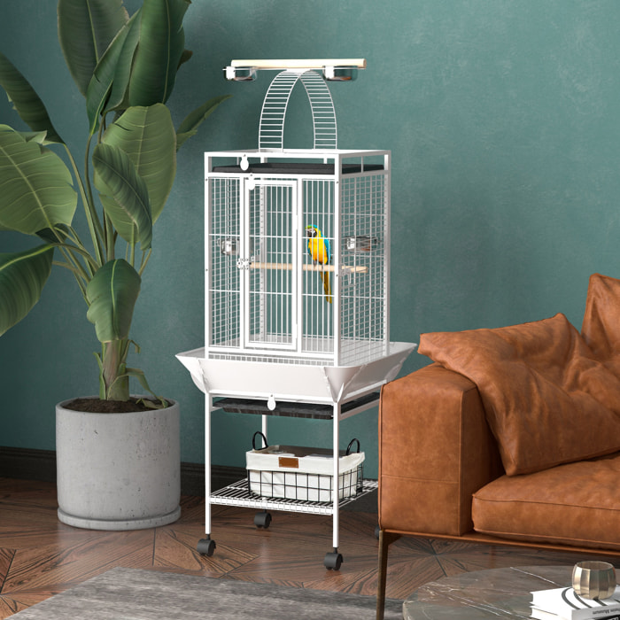 Jaula para Pájaros Jaula para Loros con Ruedas Perchas Comederos Estante Puente Arqueado y Bandejas Extraíbles Pajarera para Cacatúas Cotorras 62,5x62,5x156 cm Blanco