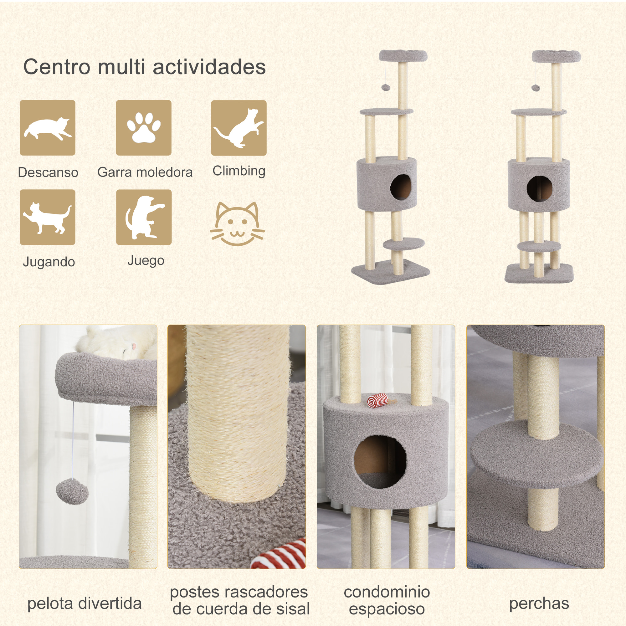 Árbol Rascador para Gatos Altura 148 cm Árbol para Gatos Torre para Gatos con Postes de Sisal 3 Plataformas Casita y Bola Colgante Gris