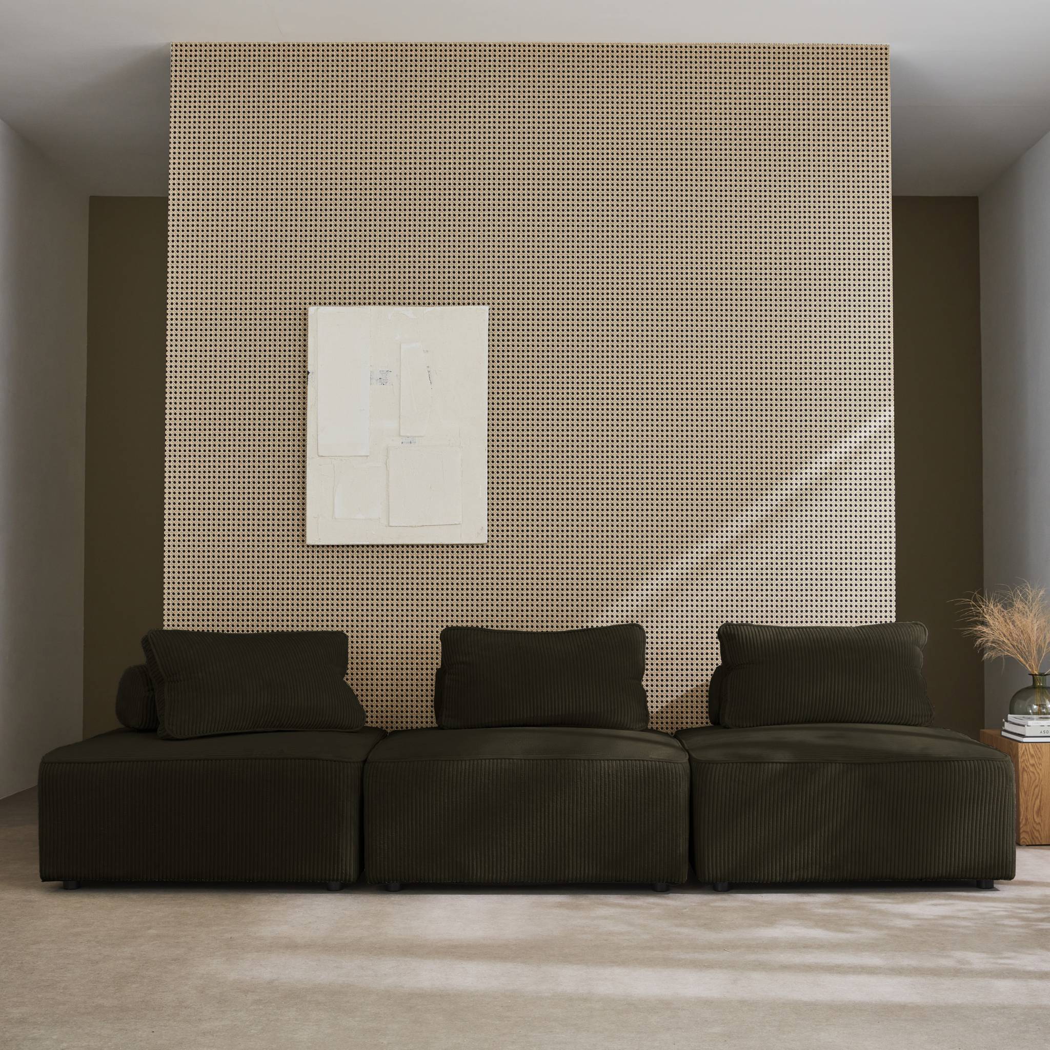 Lot de 3 chauffeuses pour canapé modulables velours côtelé vert foncé avec un coussin