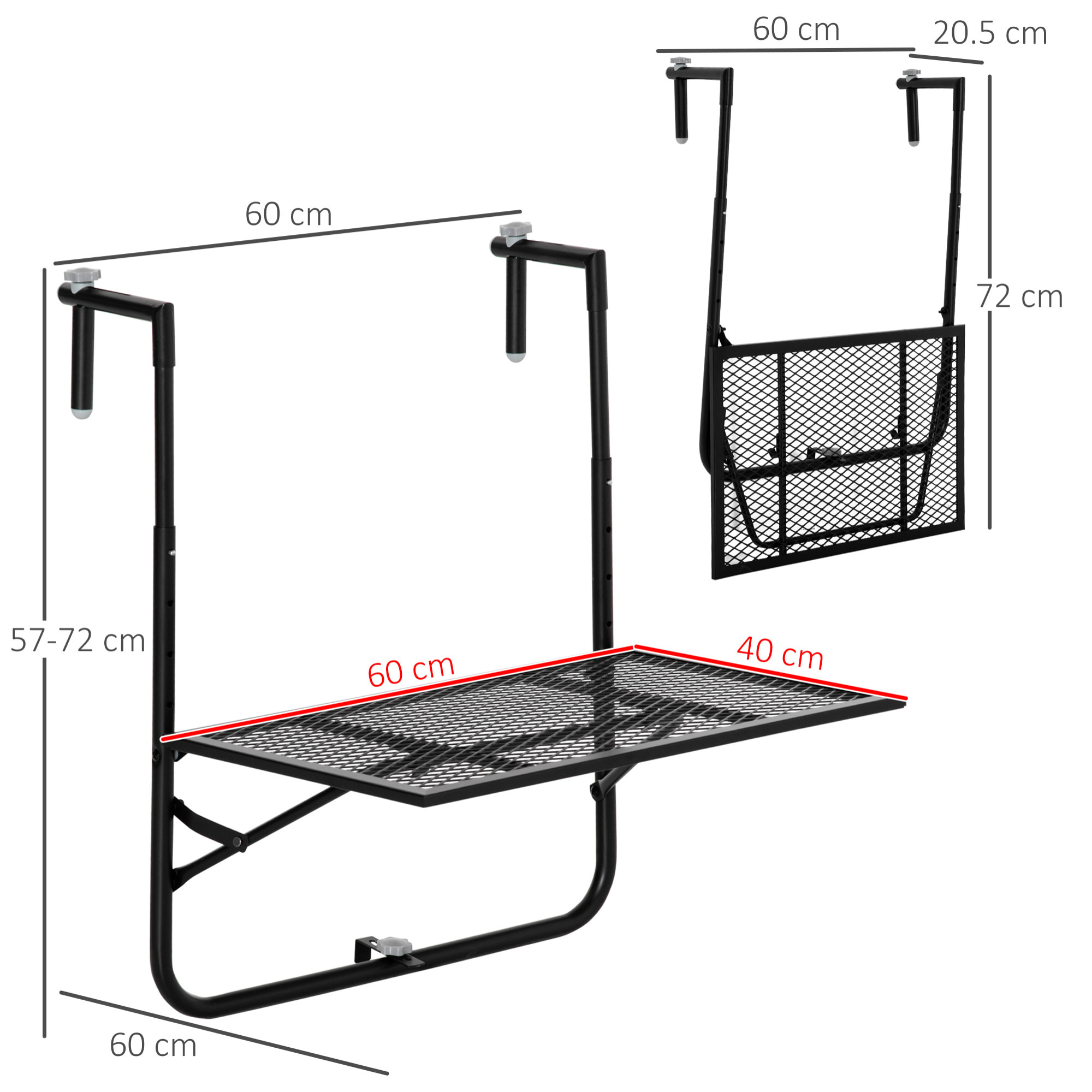 Mesa Colgante de Balcón, Mesa Plegable para Balcón de Metal para Barandilla, con Altura Ajustable en 4 Niveles, Carga 10 kg, para Terraza, Jardín, Exterior, 60x60x57-72 cm, Negro