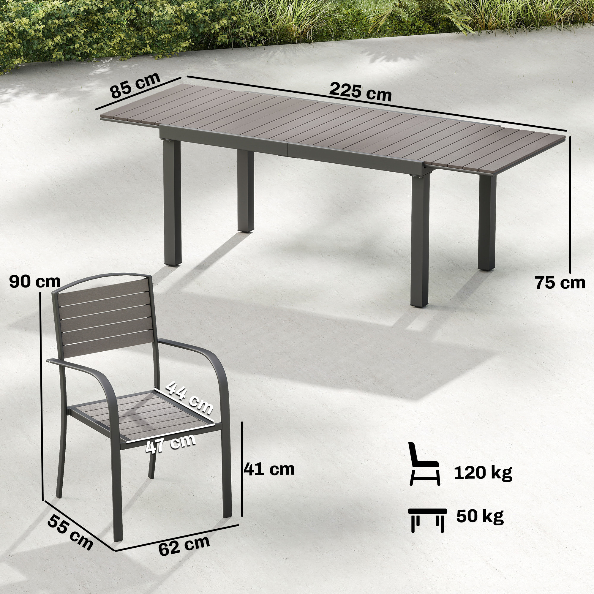 Outsunny Conjunto de Mesa y Sillas Jardín de 9 Piezas, Muebles Jardín Exterior con Mesa Extensible 150 a 225 cm, Estructura de Aluminio, 8 Sillas Apilables, Tablero de Lamas de Madera Plástica, Gris