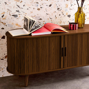 Meuble TV scandinave 2 portes coulissantes. 4 compartiments. effet bois rainuré noyer. L120 x 40 x 57 cm