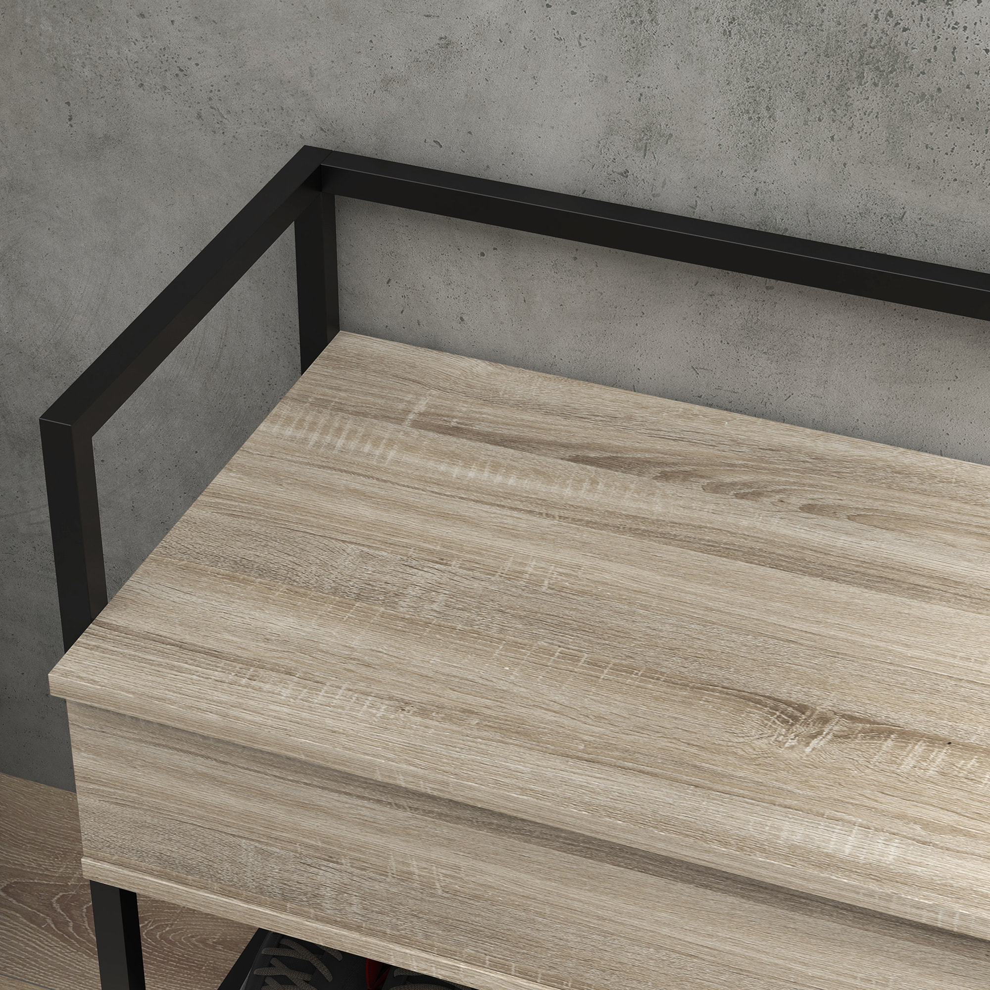 Banc à chaussures design industriel - étagère, coffre de rangement - acier noir panneaux aspect chêne clair