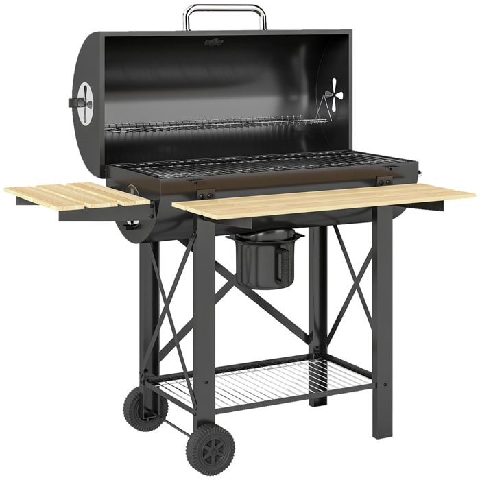 Barbecue smocker mobile acier bois 2 tablettes rabattables étagère noir