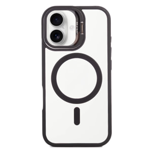 Carcasa transparente con cubierta de cámara abatible que funciona como soporte, bordes negros. MagSafe para iPhone 17.