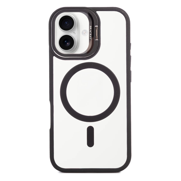 Carcasa transparente con cubierta de cámara abatible que funciona como soporte, bordes negros. MagSafe para iPhone 17.