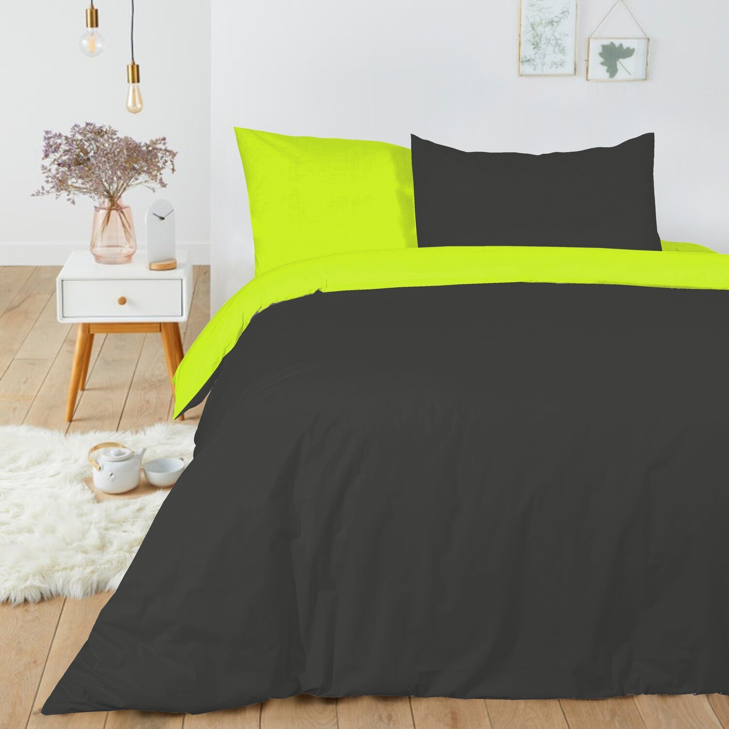 Parure housse de couette 3pcs 100% coton 57 fils bicolore anis anthracite