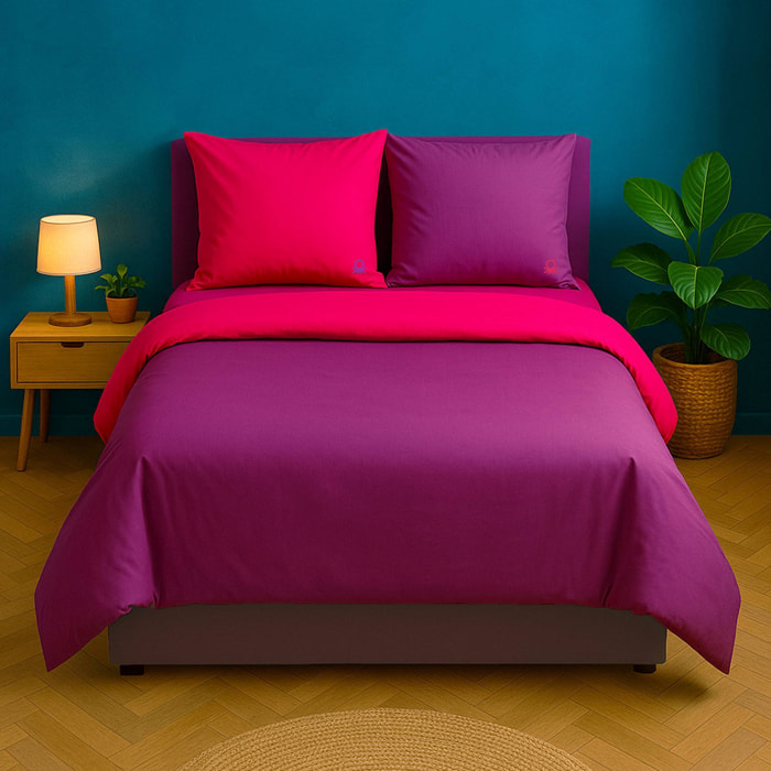 Set de cama 150 - 160 cm 100% algodón - funda nórdica reversible 200x220 + sábana bajera 150 - 160x200+30cm + 2x funda de almohada 50x70cm - rosa y morado rainbow benetton