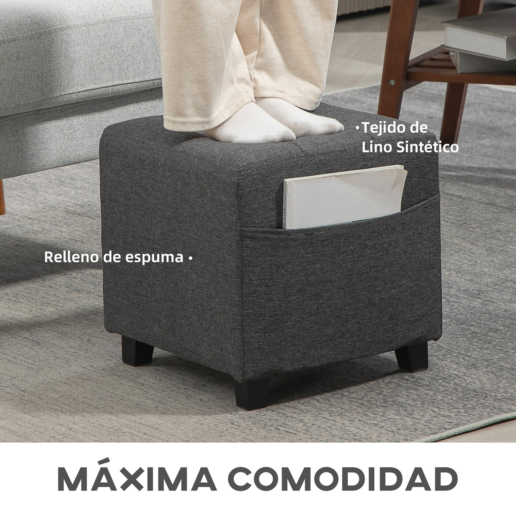 Reposapiés de Salón Taburete Bajo Tapizado en Lino Otomana Cuadrada con Bolsillo Lateral Tapa con Botones Acolchados y Marco de Madera para Sala de Estar Dormitorio