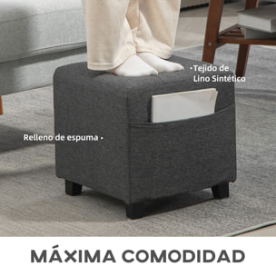 Reposapiés de Salón Taburete Bajo Tapizado en Lino Otomana Cuadrada con Bolsillo Lateral Tapa con Botones Acolchados y Marco de Madera para Sala de Estar Dormitorio