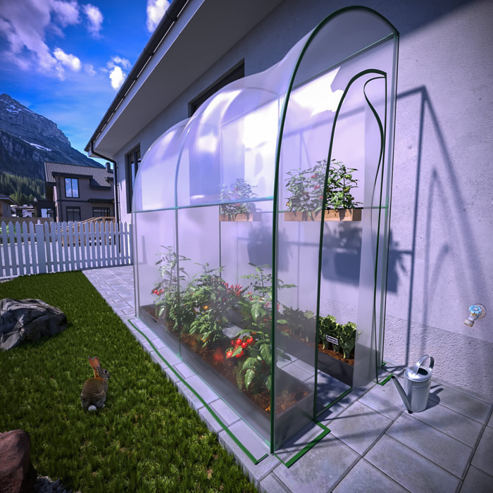 Serra A Casetta Da Parete Muro In Acciaio Per Giardino Piante Fiori Orto Copertura Trasparente in PVC 2 Porte Avvolgibili A Cerniera 200x100x215 Cm