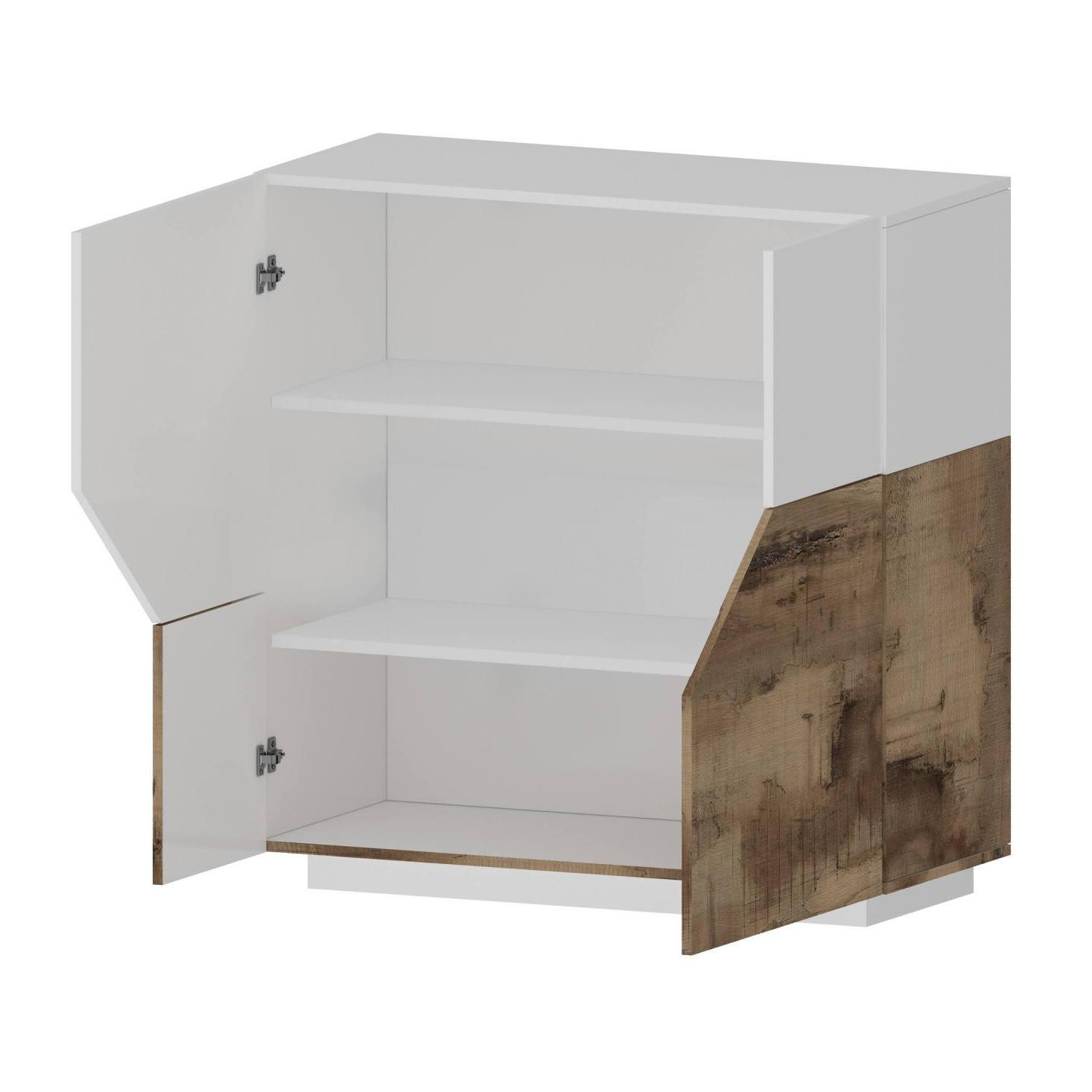 Credenza moderna a 2 ante geometriche, Made in Italy, Madia da ingresso, Buffet di design da soggiorno, Cm 100x43h106, Bianco lucido e Acero