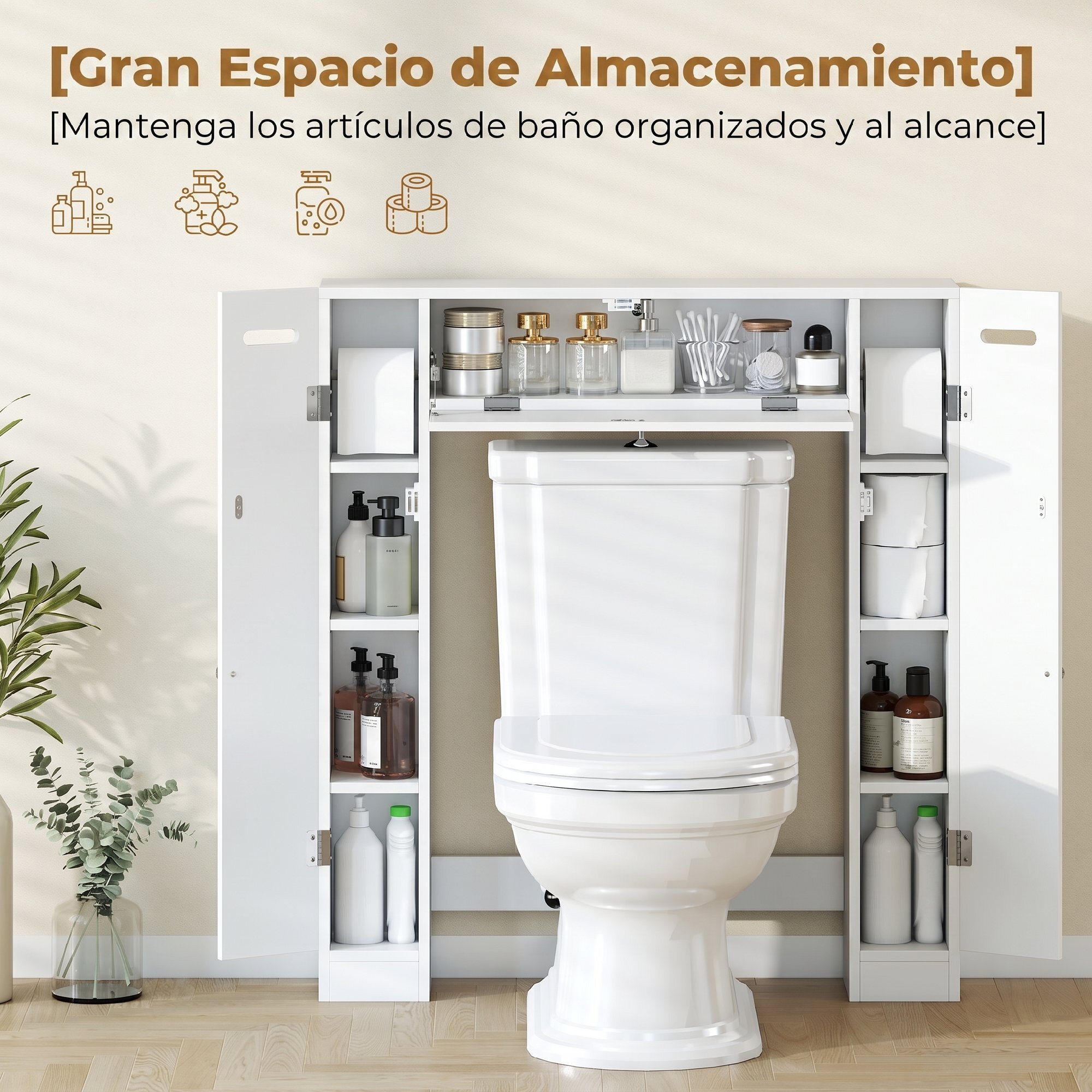 Mueble sobre Inodoro, Armario sobre Inodoro, Mueble de Baño con 2 Armarios Laterales, Cajón Abatible, Portapapeles, Estantes Ajustables, para Lavanderías, Espacios Pequeños, 88x18x98 cm, Blanco