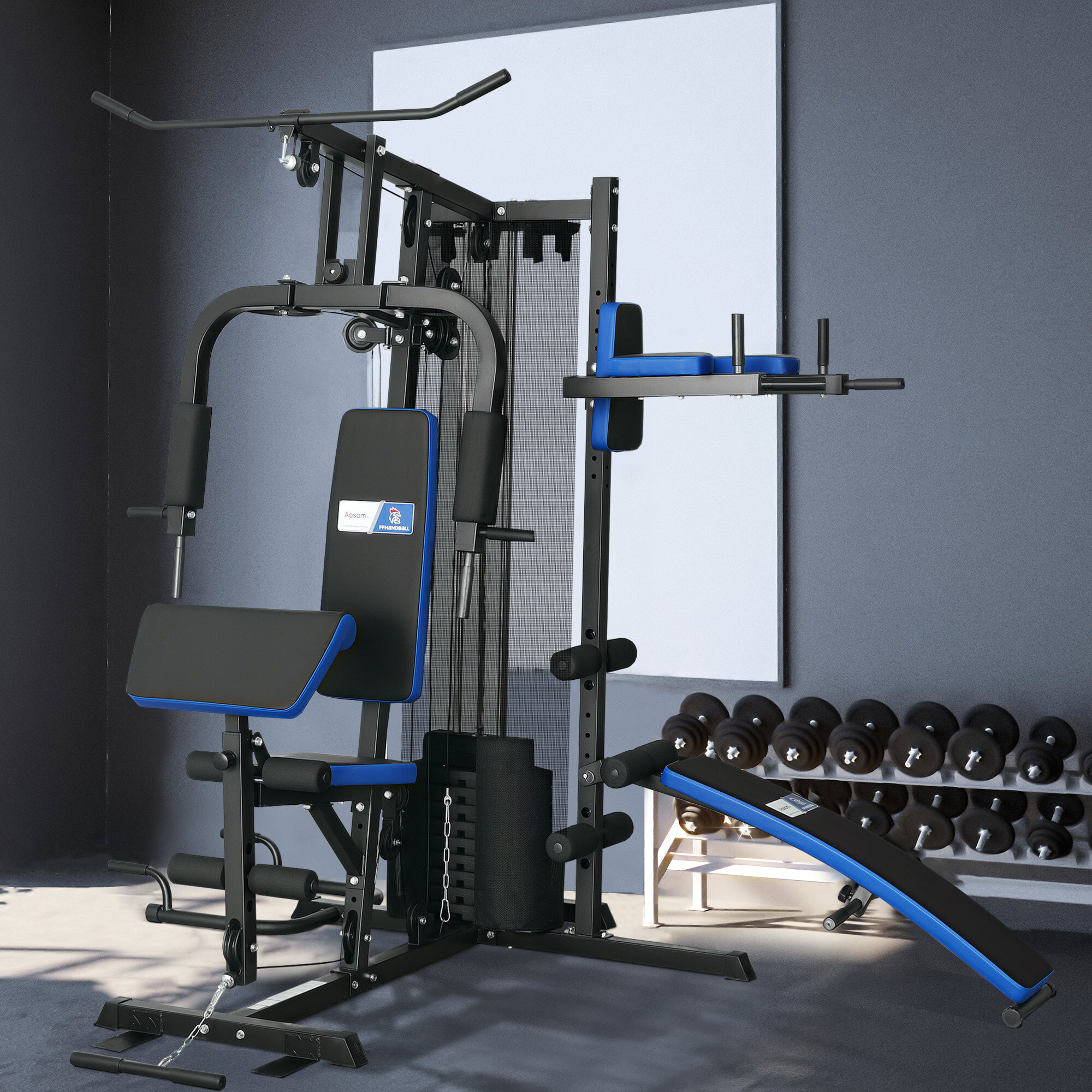 Station de musculation multi-équipement - collaboration Aosom.fr x FFHandball - 10 contrepoids - acier noir rouge