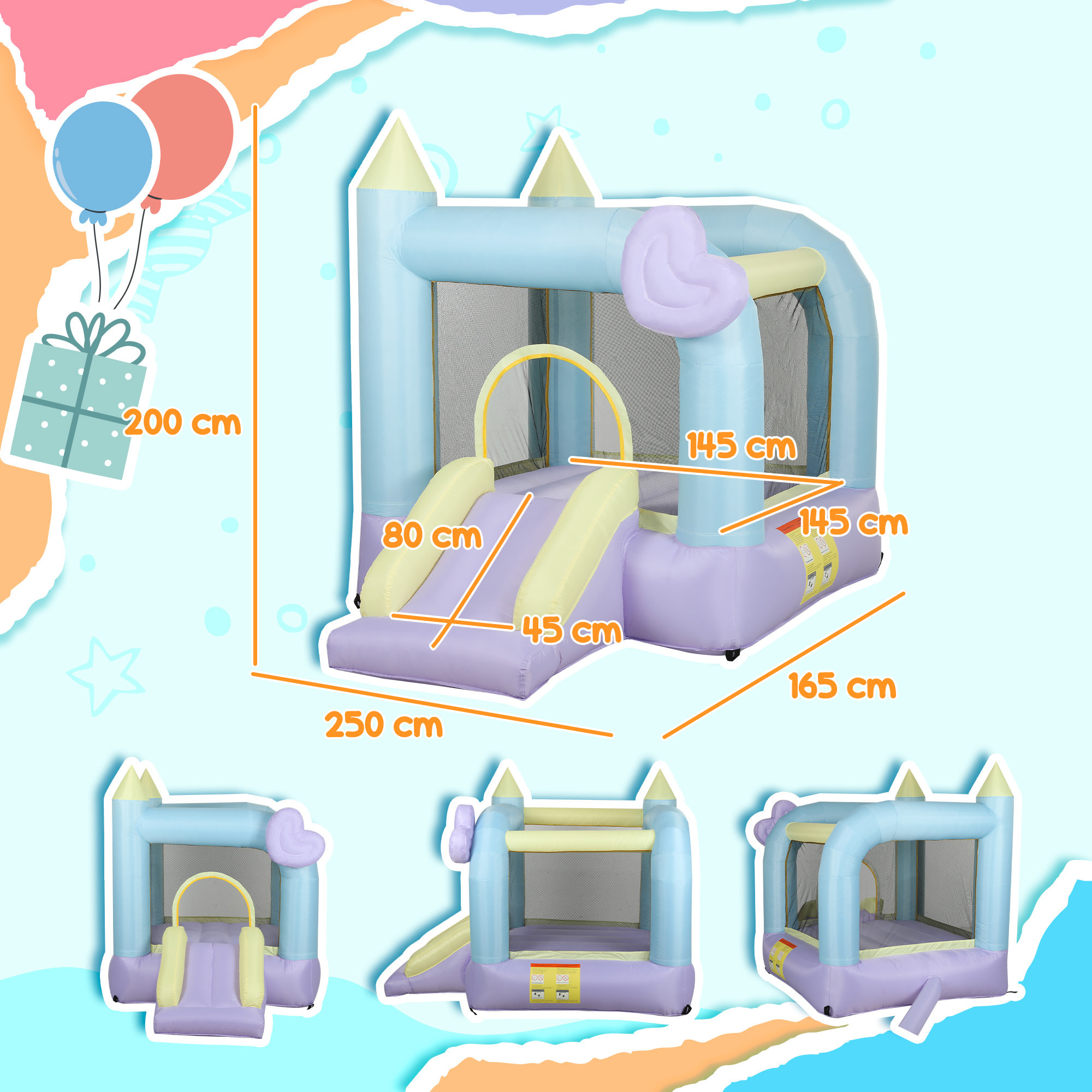 Castillo Hinchable con Soplador Castillo Inflable para Niños de 3-8 Años con Tobogán Área de Salto y Bolsa de Transporte para Interior y Exterior Multicolor