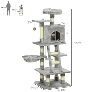 Arbre à chat multi-équipements griffoirs grattoirs niche plateformes + échelle + hamac + boule suspendue gris