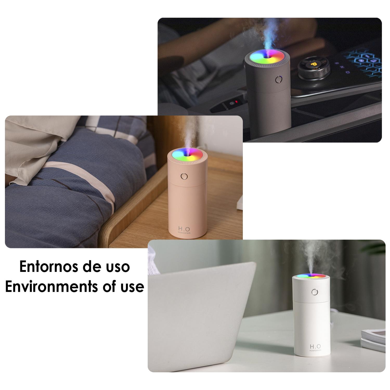 Humidificador de 310 ml con luz led ambiental multicolor. Función esterilización, compatible con hidroalcohol.