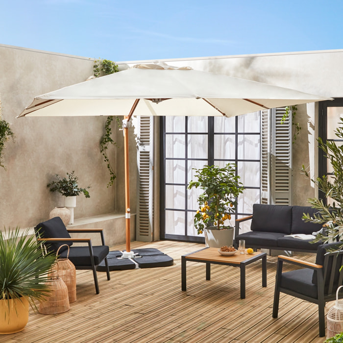 Parasol déporté carré ecru 3x3m structure effet bois + Lot de 4 dalles à lester 50x50cm