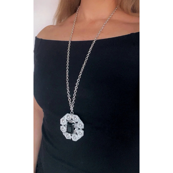 Collr largo Bizancio plata envejecida 10µ y cristal negro