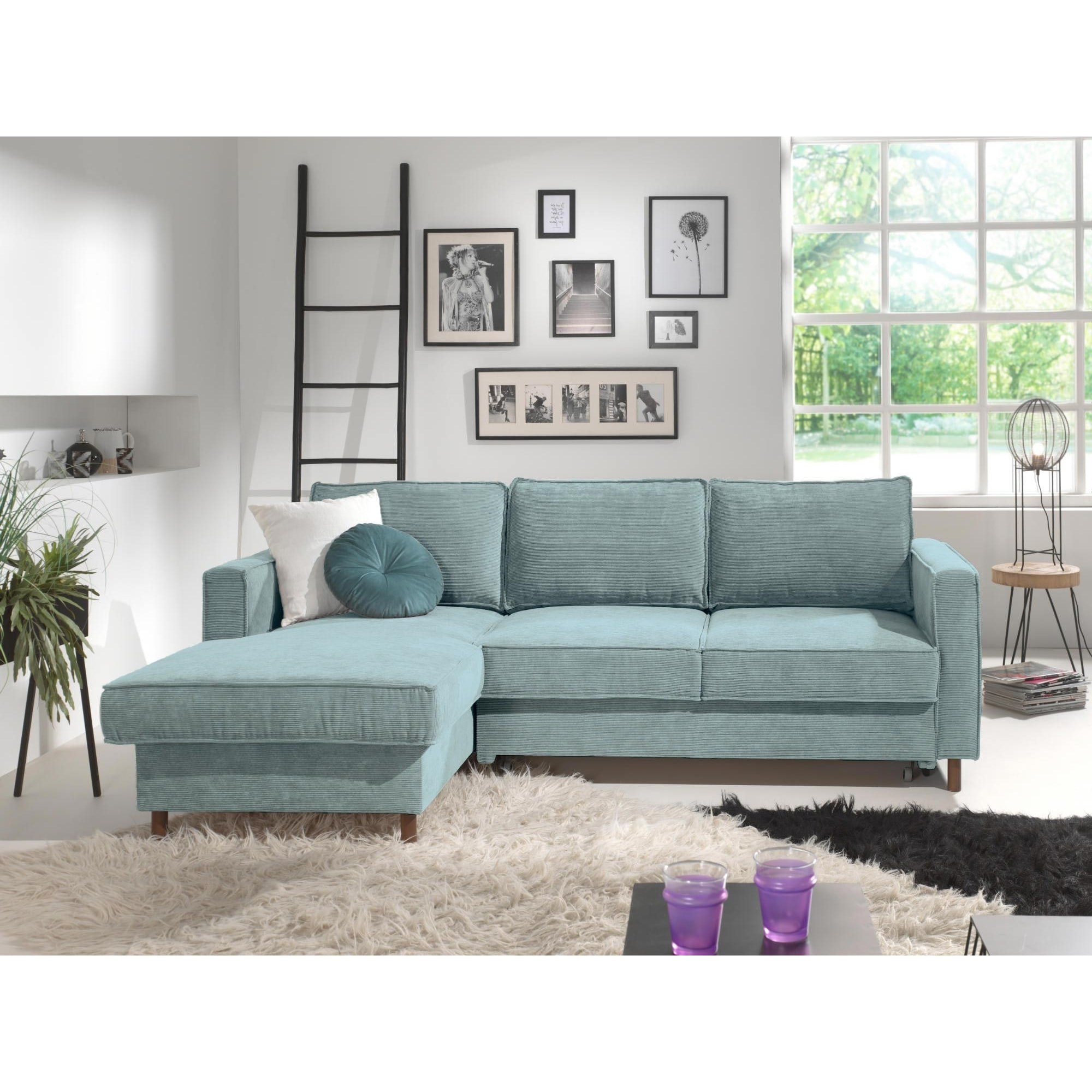 Jake - canapé d'angle gauche - convertible avec coffre - 4 places - en velours côtelé - Bleu