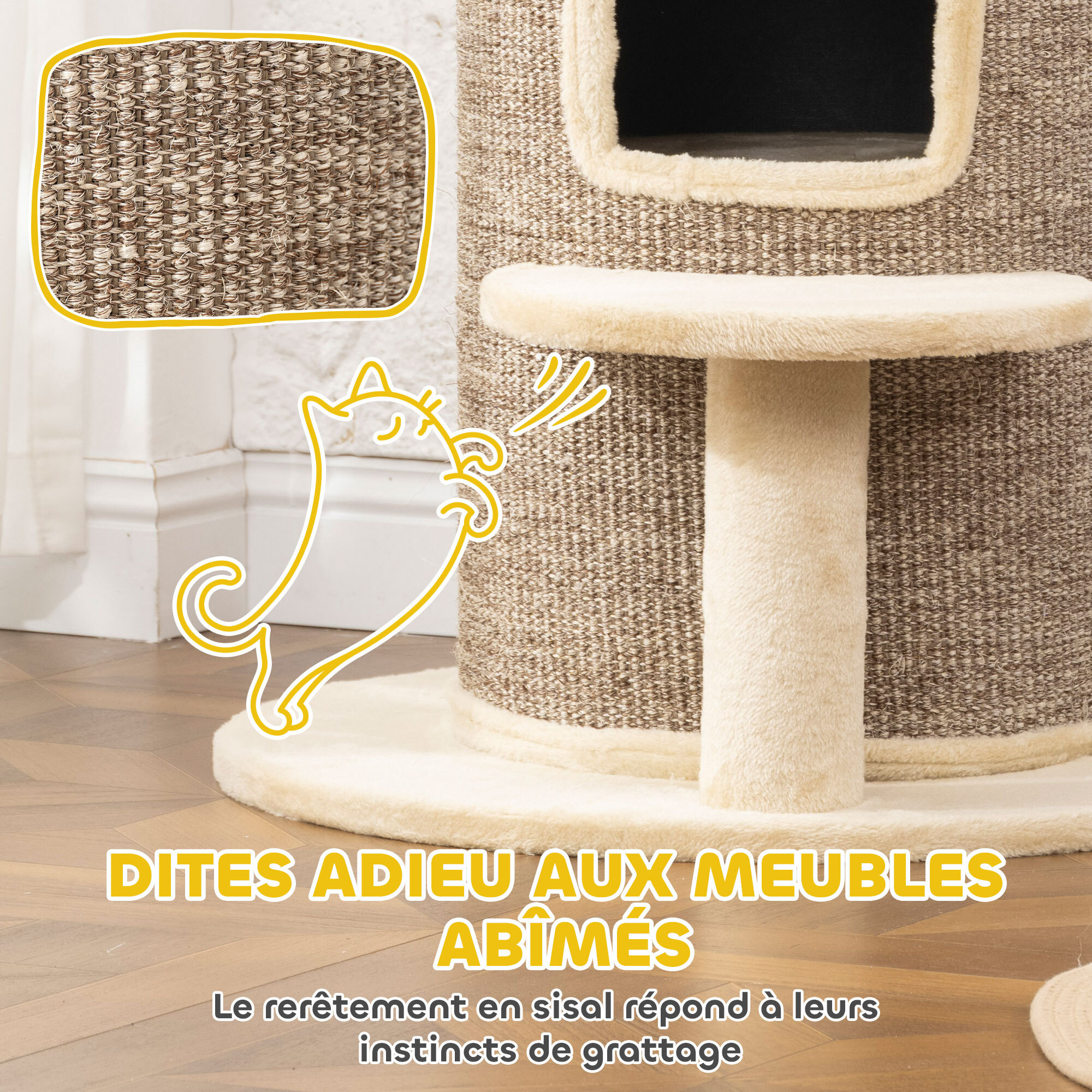 Arbre à chat cylindrique - tour à griffer pour chat H.61cm - tonneau griffoir - 2 niveaux + plateforme - sisal peluche beige