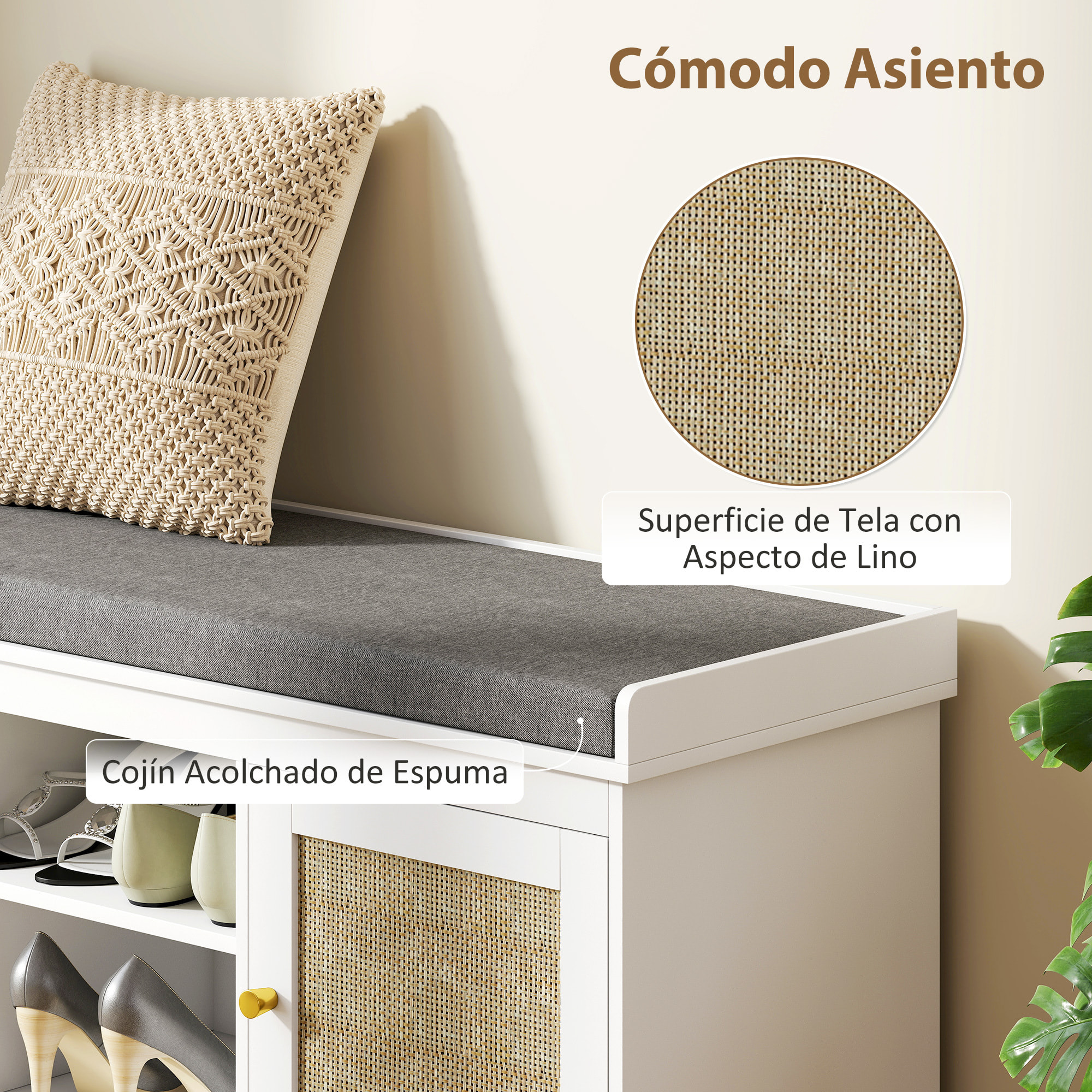 Banco Zapatero Mueble Zapatero Banco Recibidor Bohemio con Asiento Acolchado Puertas Frentes de Ratán Estante Abierto Estante Ajustable para 9 Pares de Zapatos para Entrada 105x35x47 cm Blanco