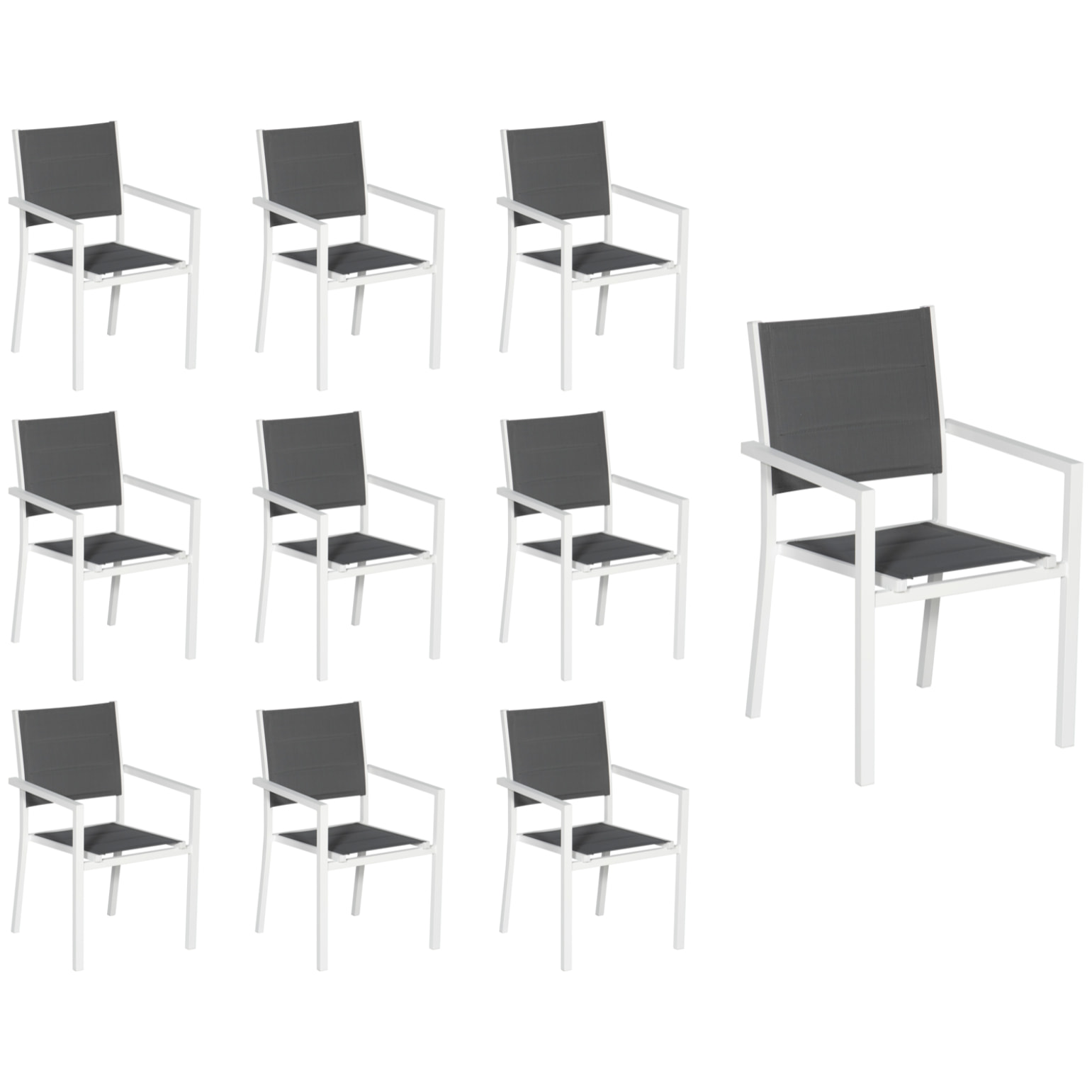 Lot de 10 chaises rembourrées en aluminium blanc - textilène gris