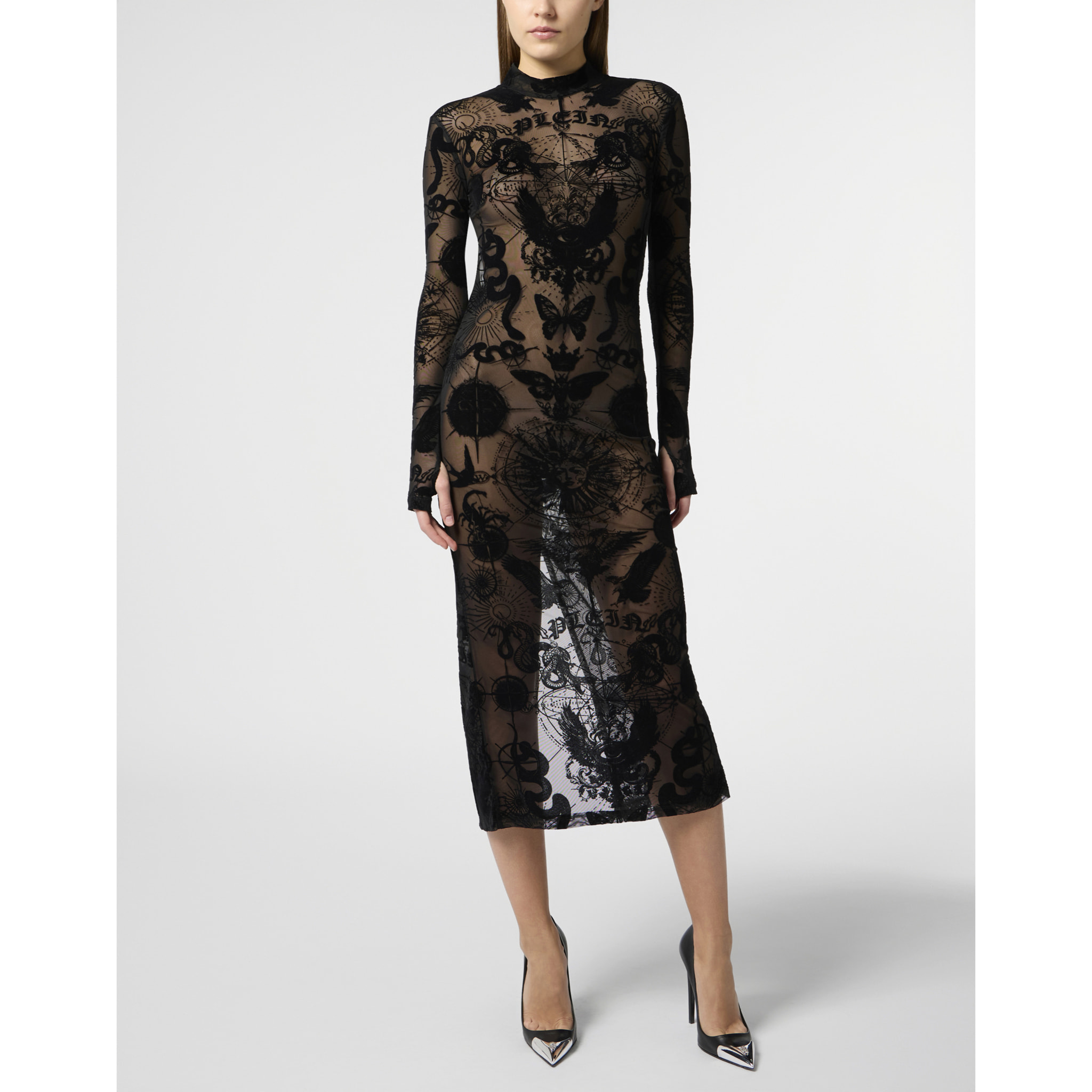 PHILIPP PLEIN Open Back Maxi Dress Flock Butterfly Tattoo