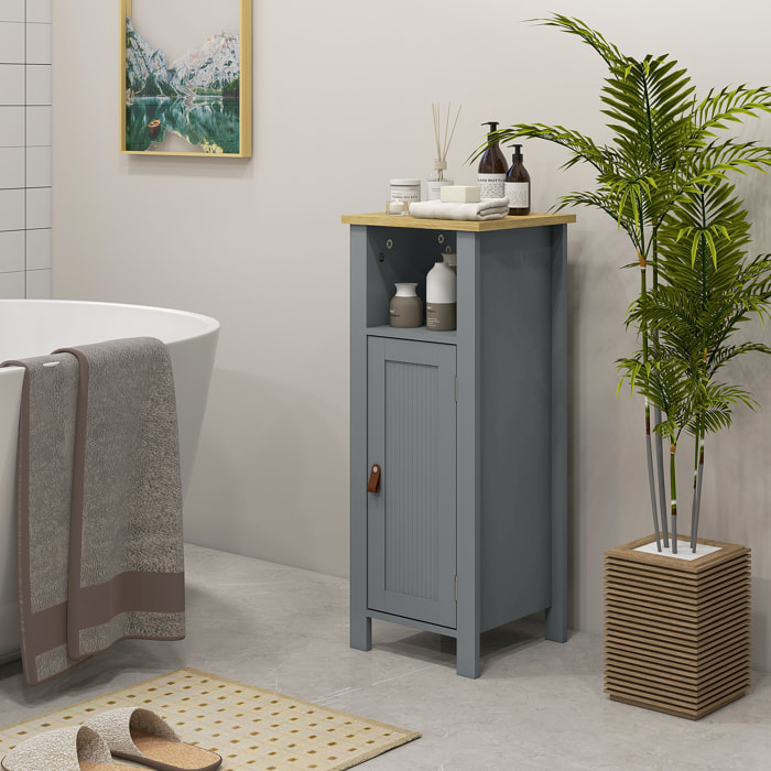 Meuble bas de salle de bain sur pied porte 2 étagères niche plateau aspect bois clair gris