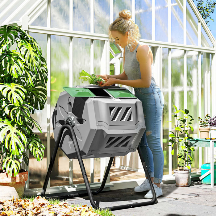 Compostador de Tambor Giratorio Contenedor de Compostaje de Doble Cámara con Capacidad 160 litros y Ventilación Marco de Acero para Residuos Orgánicos de Jardín 71x64x96cm Gris