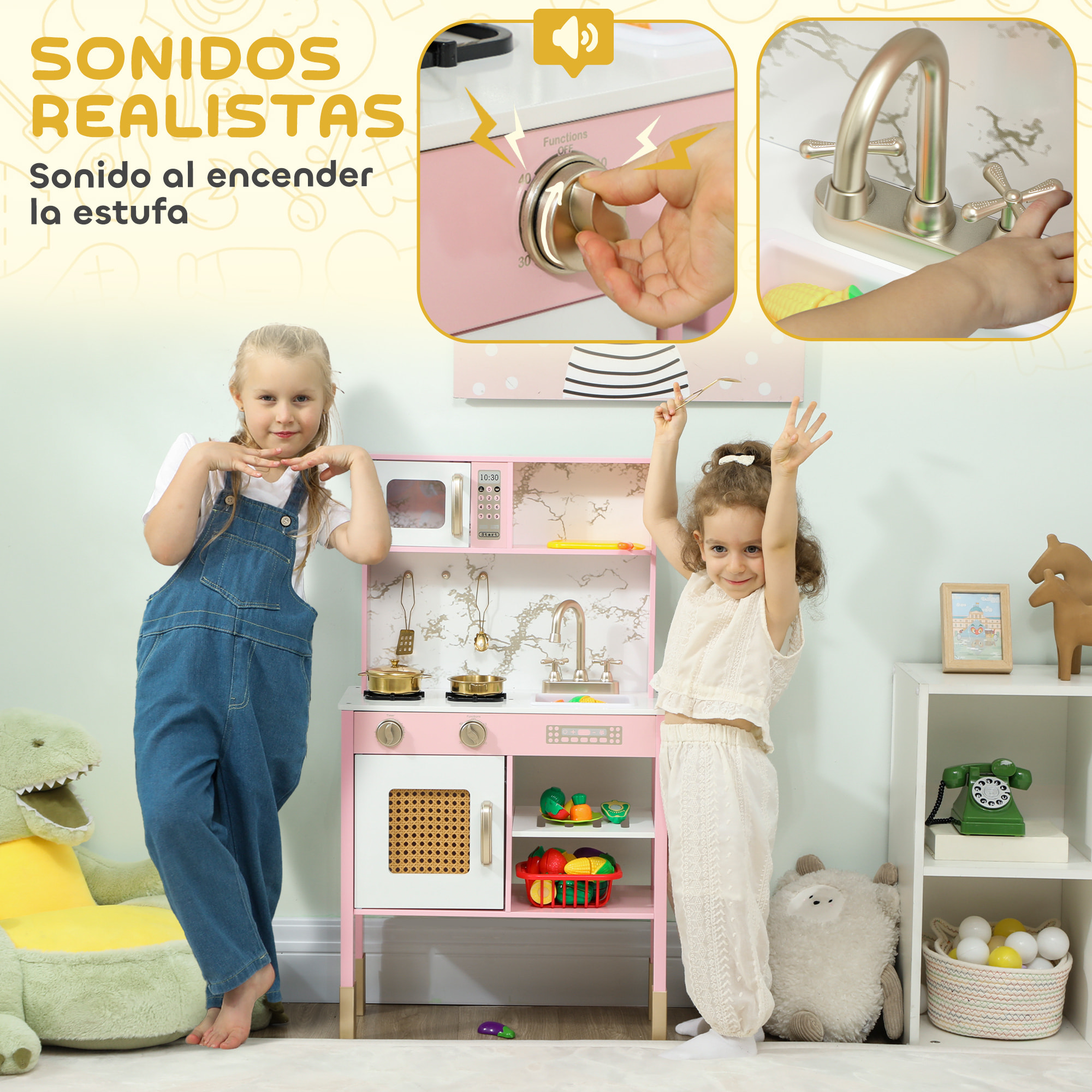 Cocina de Juguete de Madera con Sonido, Cocinita Infantil con Accesorios de Acero Inoxidable, Microondas, Horno, Fregadero, Verduras para Cortar, para Niños a Partir de 3 Años, Rosa