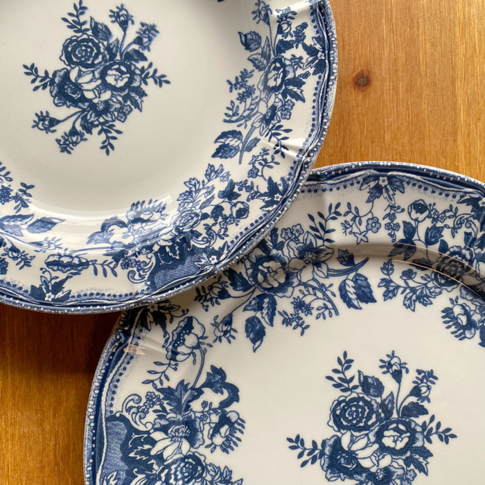 Lot de 6 assiettes à dessert fleuries en porcelaine bleu 20cm FAUSTINE