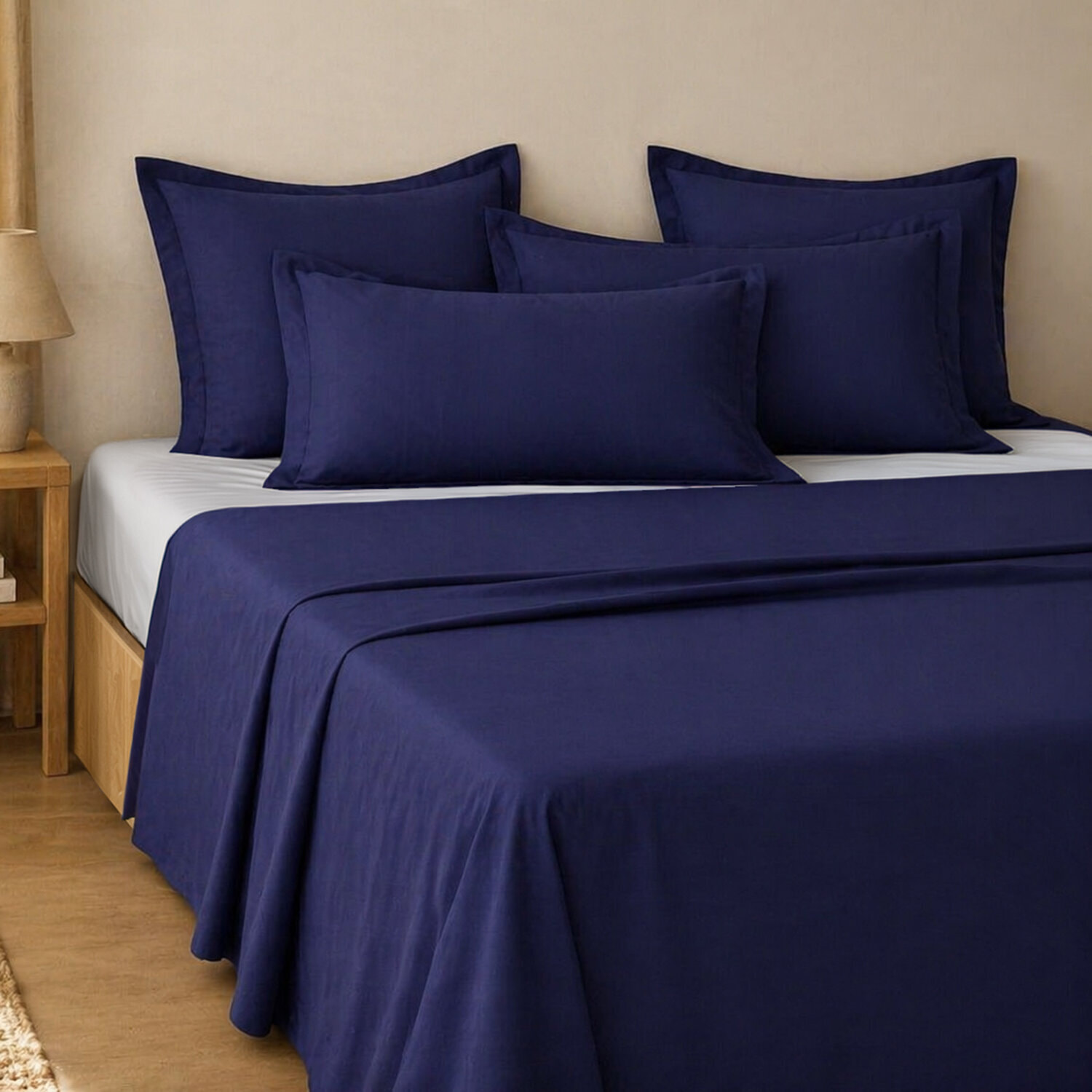 Parure de draps uni 100% coton - essentiel - bleu marine
