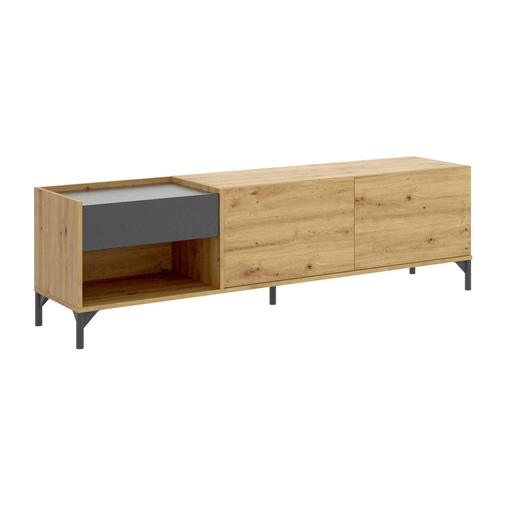 Mobile porta TV Cengalo, Credenza bassa da soggiorno, Madia da salotto per televisione, 164x39h49 cm, Rovere Nodi e Antracite