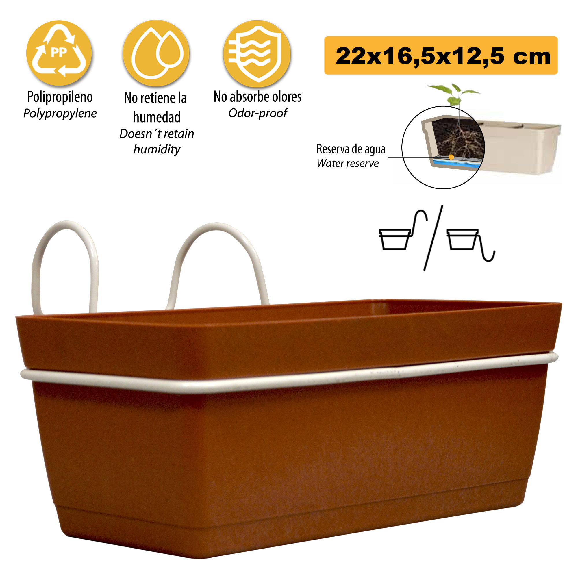 3 jardineras l 22 cm con ganchos, de polipropileno terracota