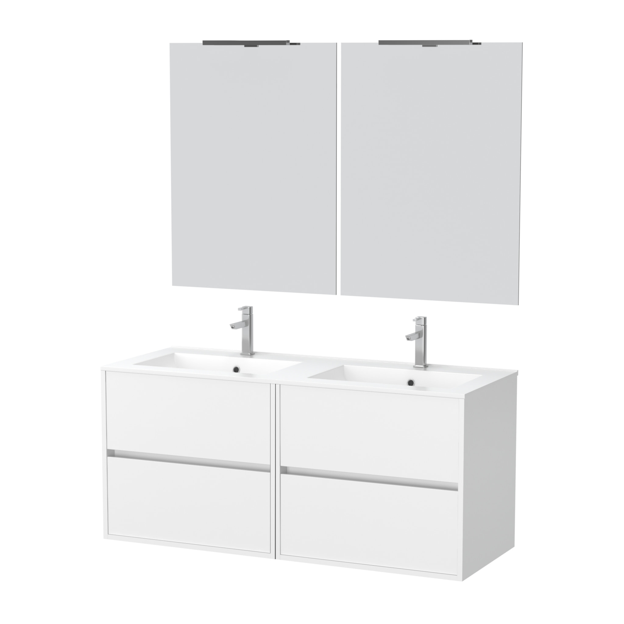 Meuble Salle de Bains 120 cm Laqué Blanc 4 Tiroirs, Vasque, Miroirs 60x80 et Réglettes Led - XENOS