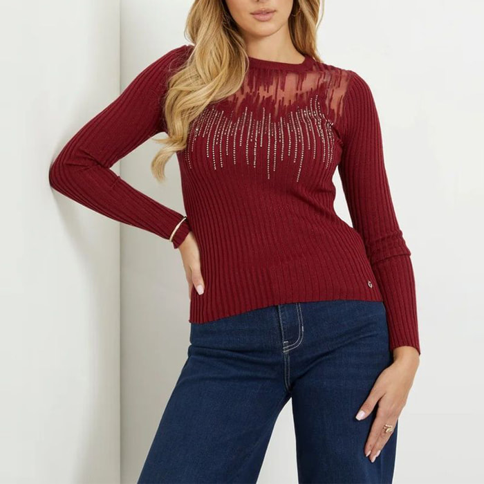 Pull Claudine - orné de strass - rouge