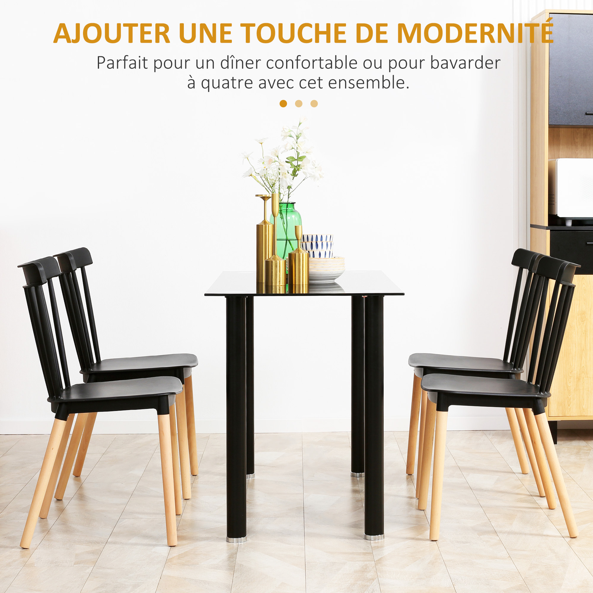 Lot de 4 chaises de salle à manger style scandinave piètement bois hêtre PP noir