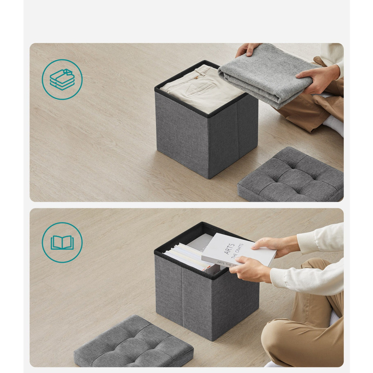 Pouf contenitore pieghevole grigio scuro effetto lino