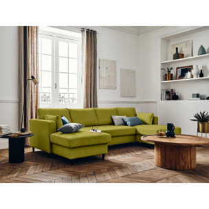 Anna - canapé panoramique en U - 7 places - convertible avec coffre - en velours - Vert Olive